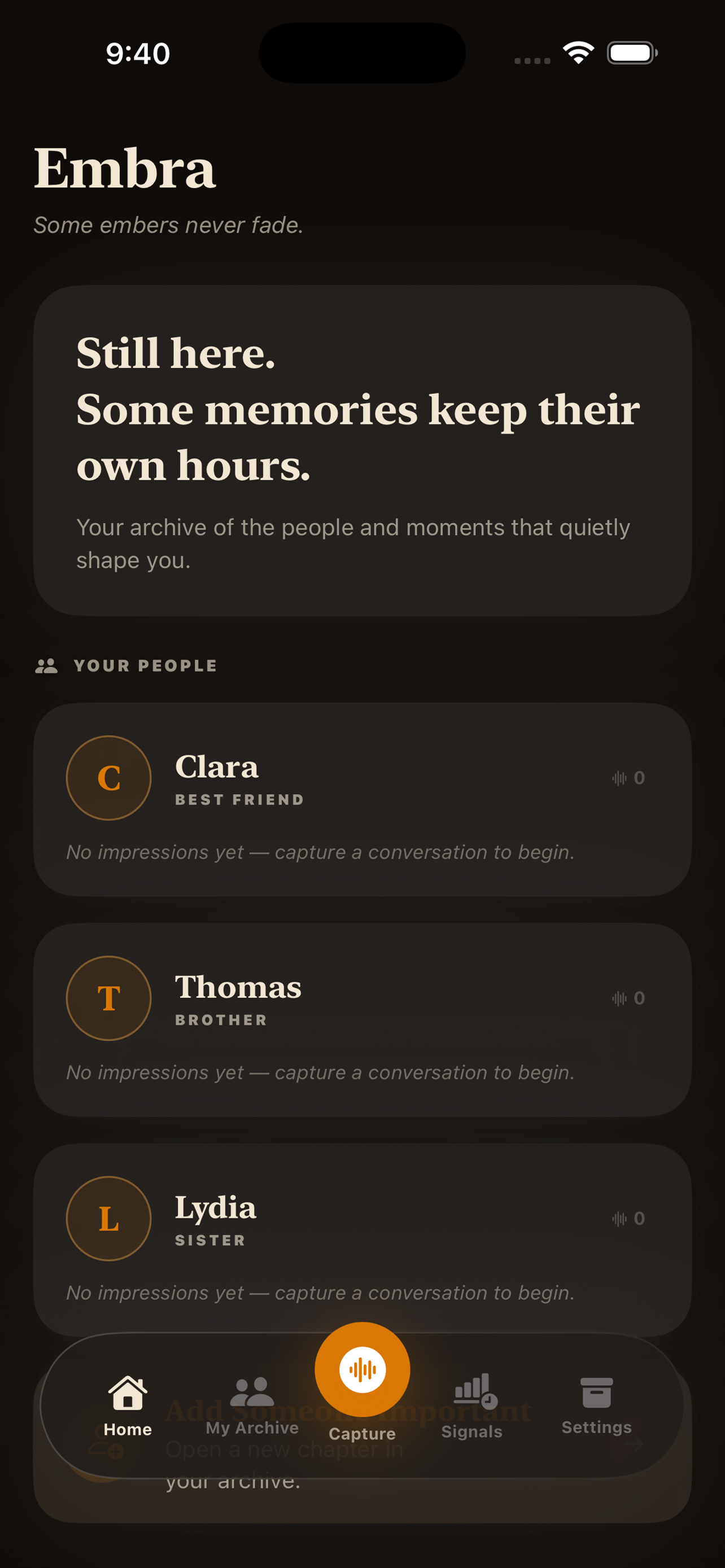 Embra home screen showing your people
